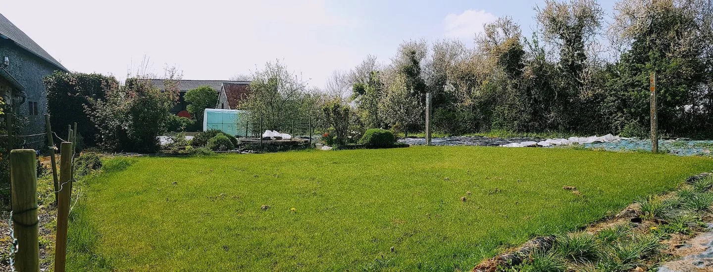 La petite pelouse entourée du jardin potager et fruitier, calme et discrète
